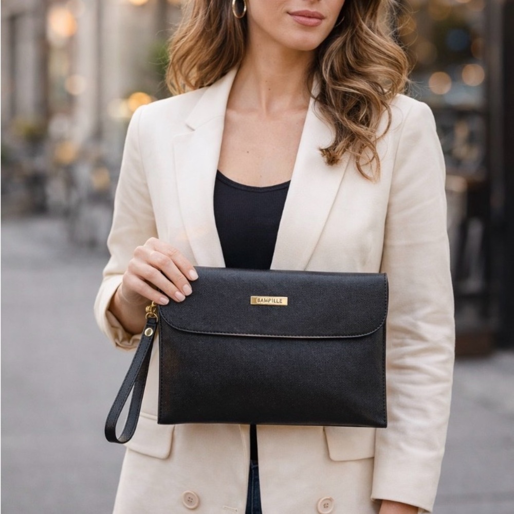 BAGSURE Black Saffiano Wristlet Clutch Envelope Bag